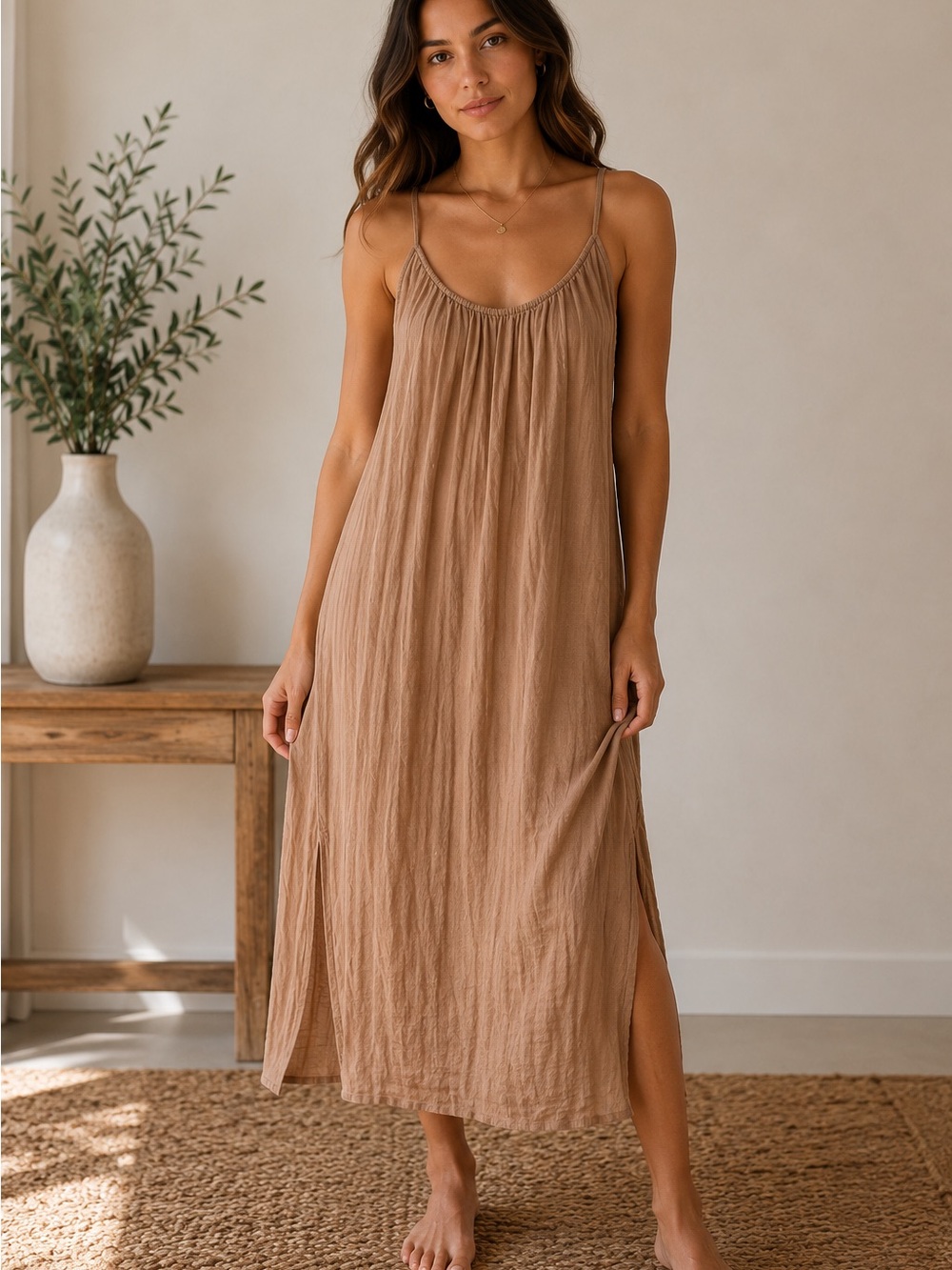 Everyday Tan Slip Maxi Dress with Spaghetti Straps
